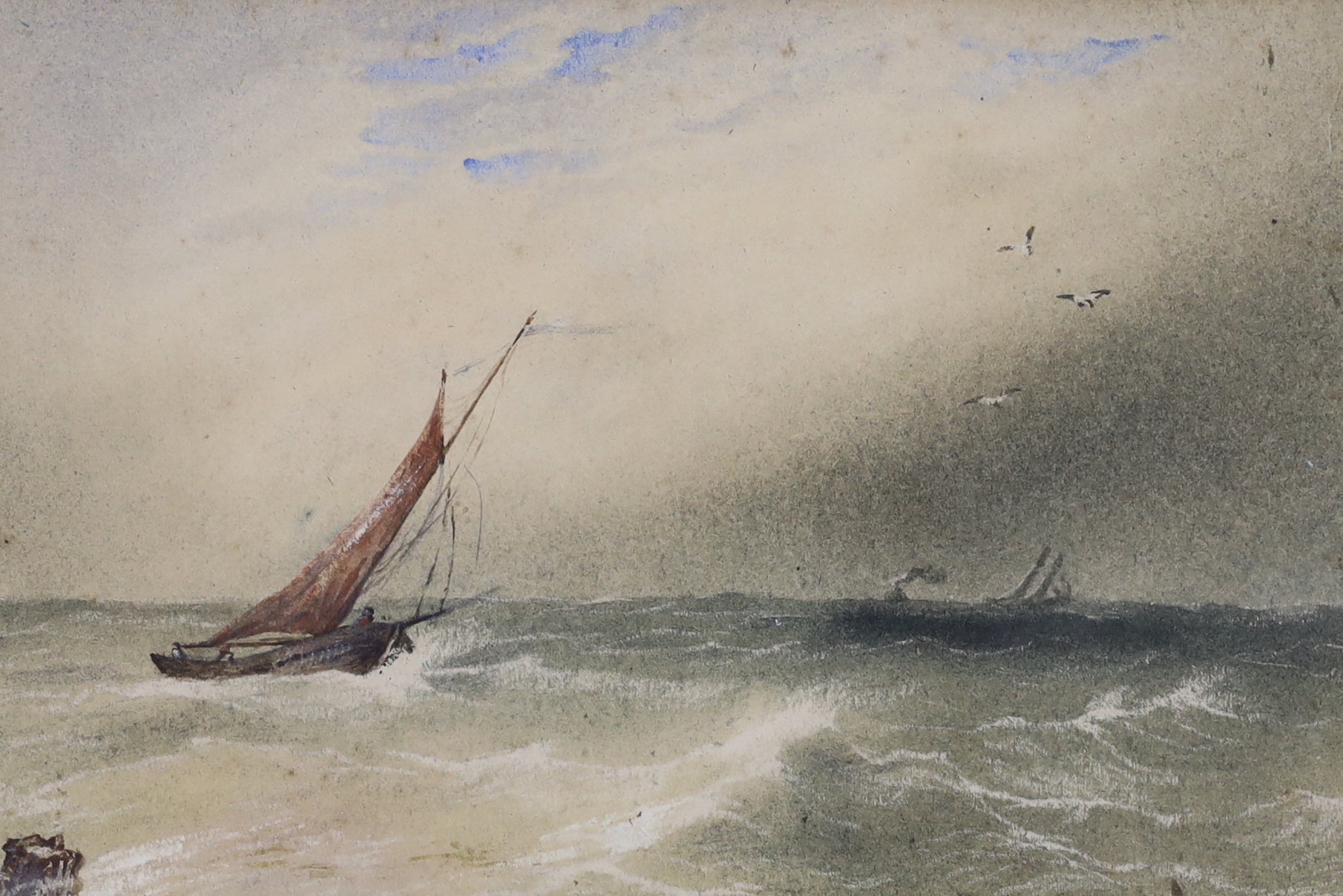 Attributed to Anthony Copley Fielding (1787-1855) watercolour, Shipping in rough seas, details verso, 19.5cm x 13cm